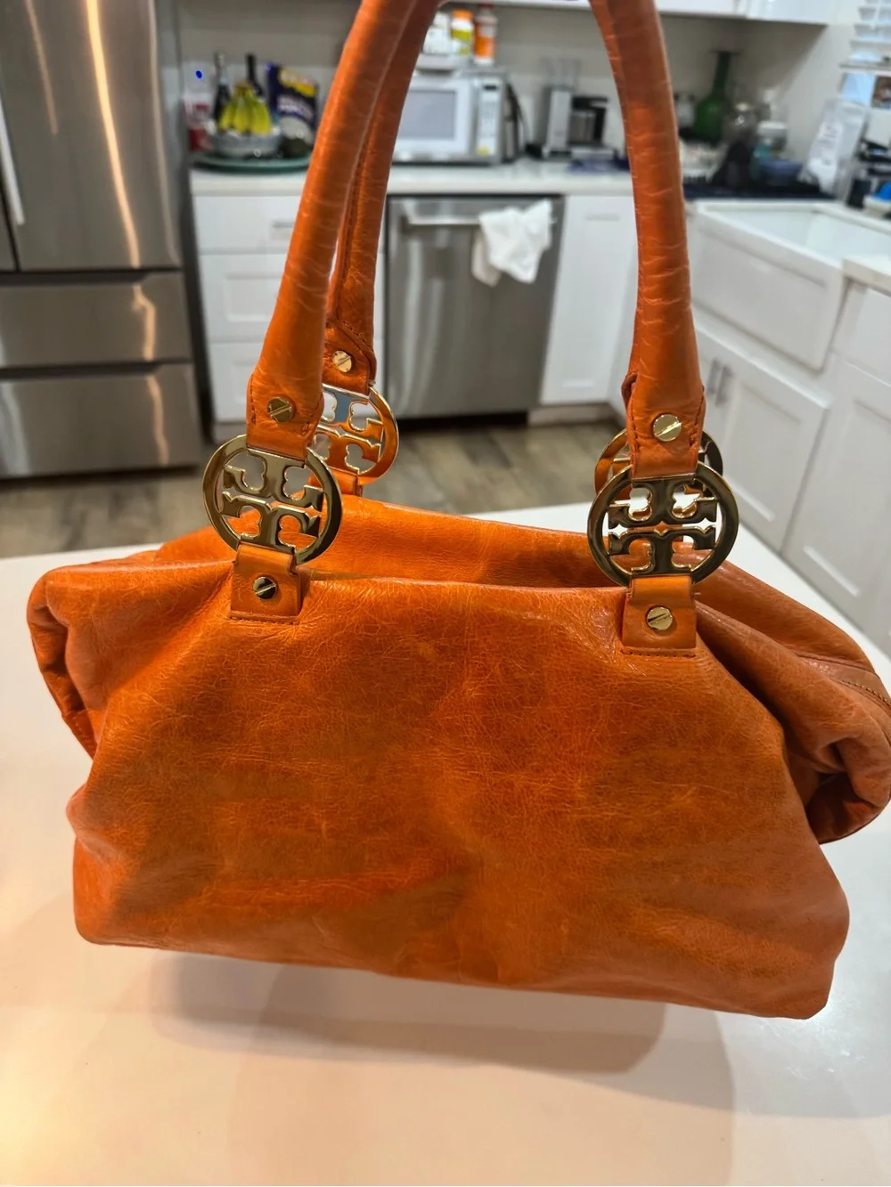 Tory Burch Orange Leather Double-Handle Shoulder Bag with Gold Logo Hardware